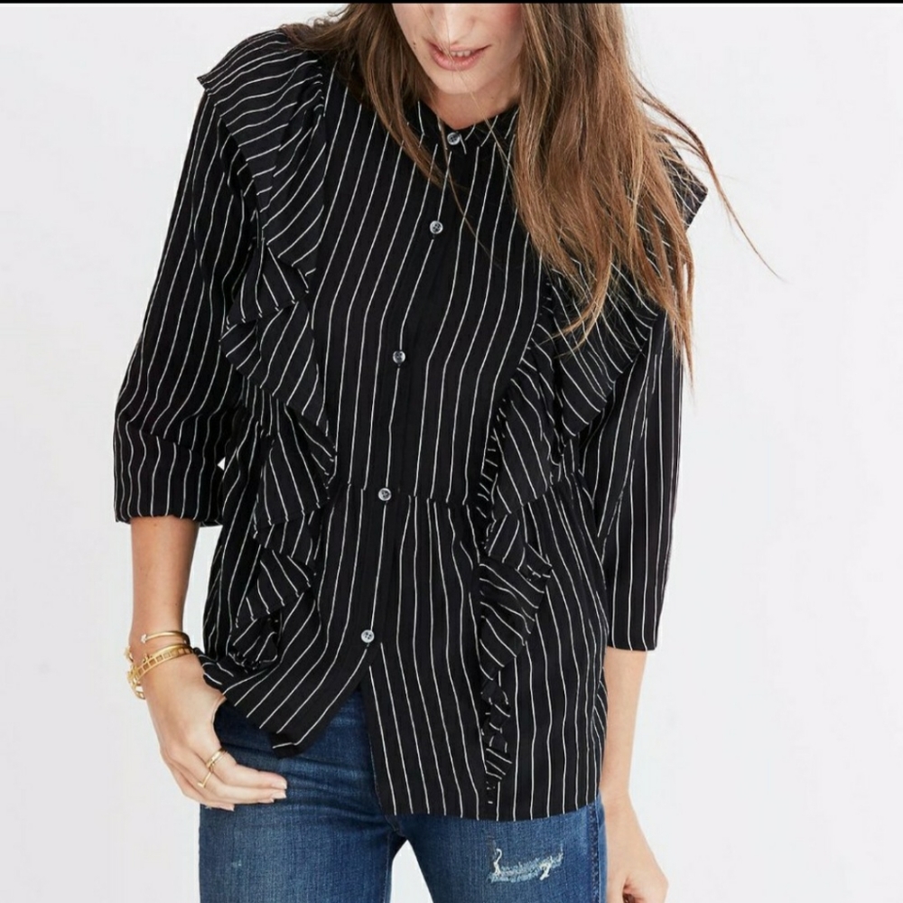 MADEWELL 100% Silk Ruffle Front Top Pinstripe M